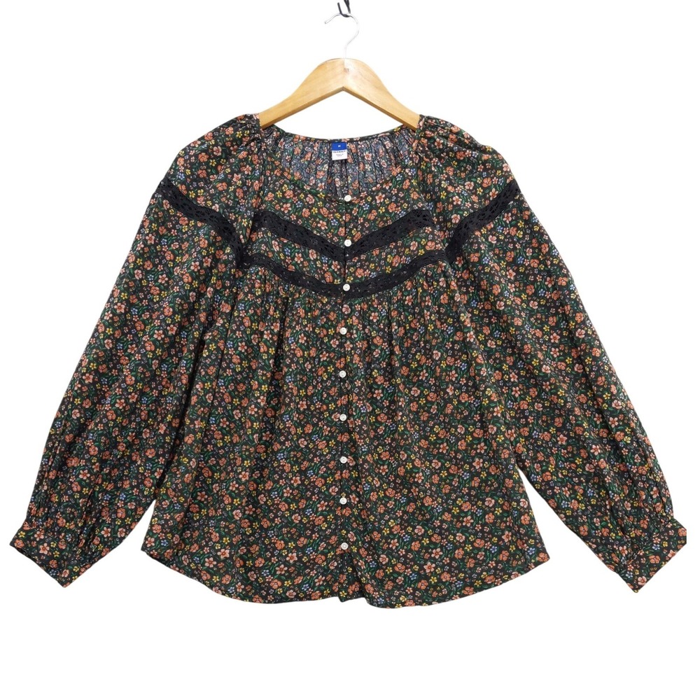 Old Navy Blouse Womens M Black Floral Lace Trim Button Front Long Sleeve Boho
